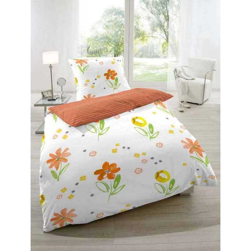 Renforcé Bettwäsche Blumen Orange Weiß
