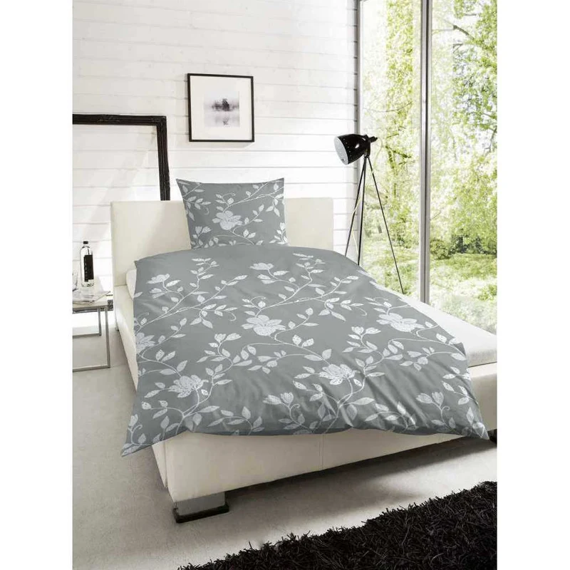 Satin Bettwäsche Blumen Grau