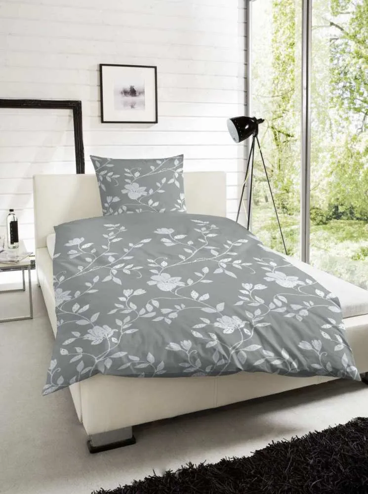 Satin Bettwäsche Blumen Grau