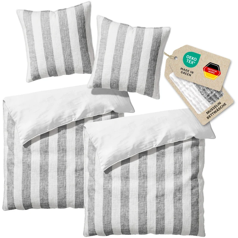 Musselin Bettwäsche - Anthrazit - Gestreift 2x155x220 80x80 cm