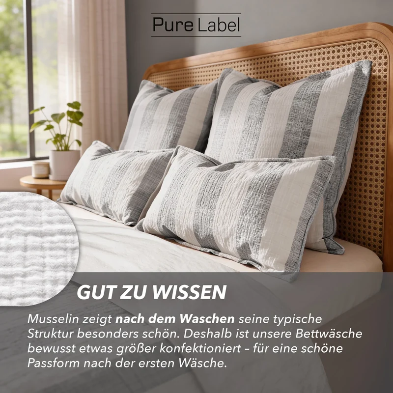 Musselin Bettwäsche - Anthrazit - Gestreift 2x155x220 80x80 cm