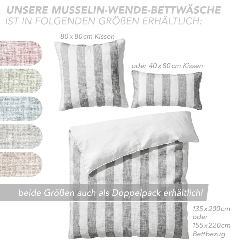 Musselin Bettwäsche - Anthrazit - Gestreift 2x155x220 80x80 cm