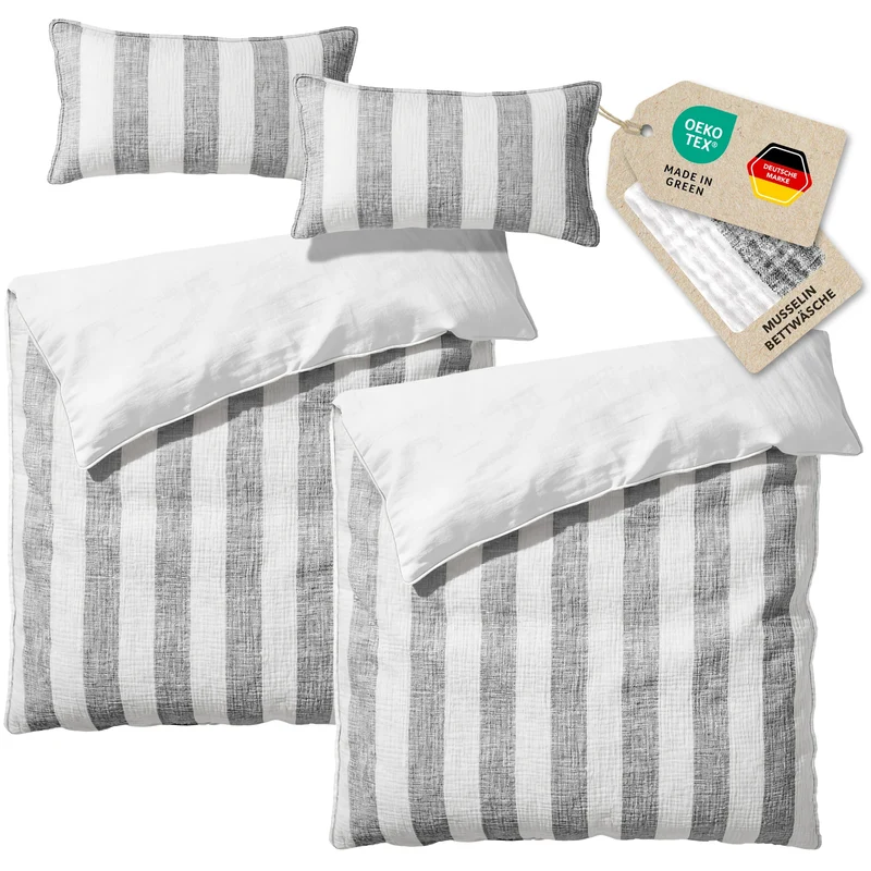 Musselin Bettwäsche - Anthrazit - Gestreift 2x155x220 40x80 cm