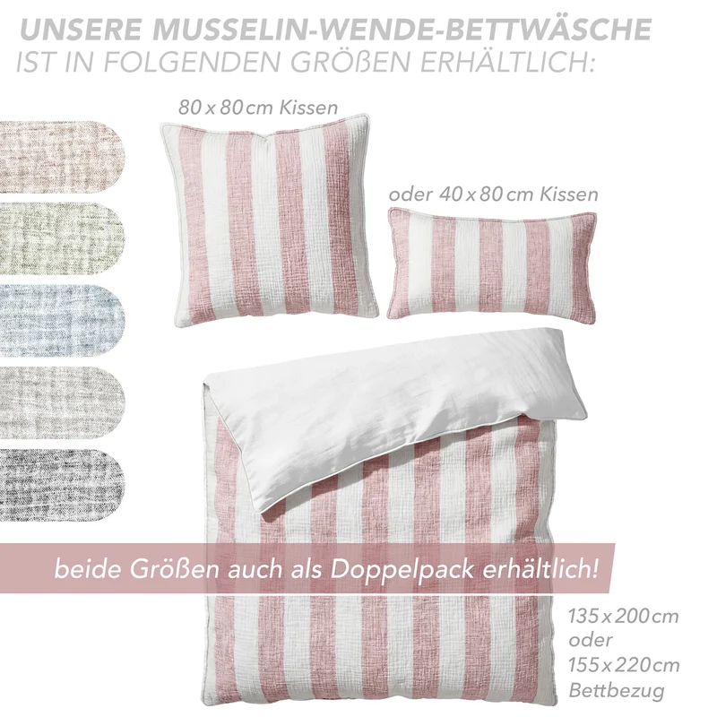 Musselin Bettwäsche - Mauve - Gestreift 155x220 80x80 cm