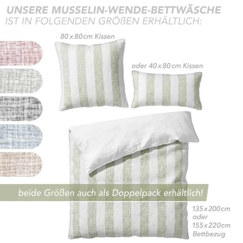Musselin Bettwäsche - Grün - Gestreift 155x220 40x80 cm