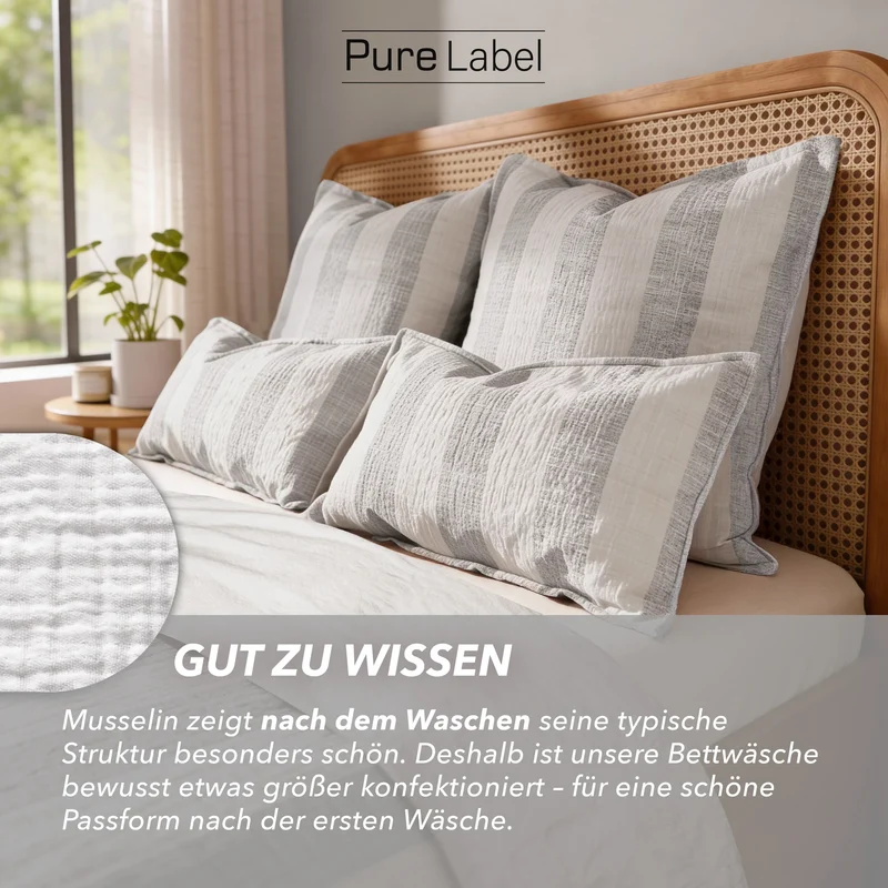 Musselin Bettwäsche - Grau - Gestreift 2x155x220 80x80 cm