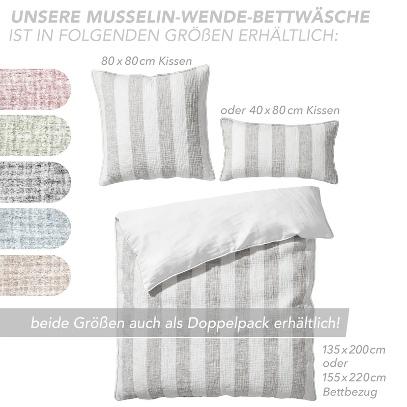 Musselin Bettwäsche - Grau - Gestreift 2x155x220 80x80 cm