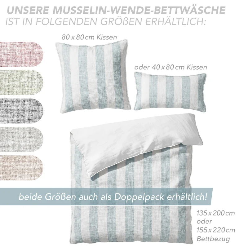 Musselin Bettwäsche - Blau - Gestreift 155x220 40x80 cm