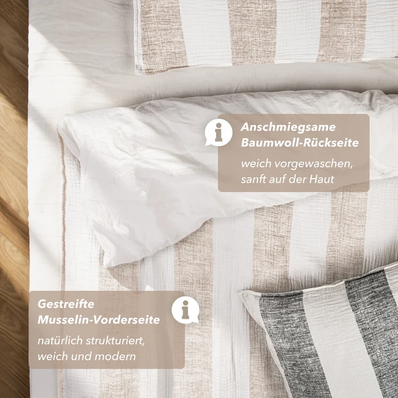 Musselin Bettwäsche - Beige - Gestreift 2x155x220 80x80 cm