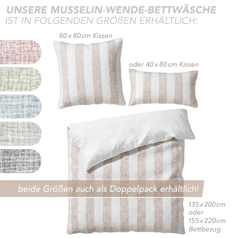 Musselin Bettwäsche - Beige - Gestreift 2x155x220 80x80 cm