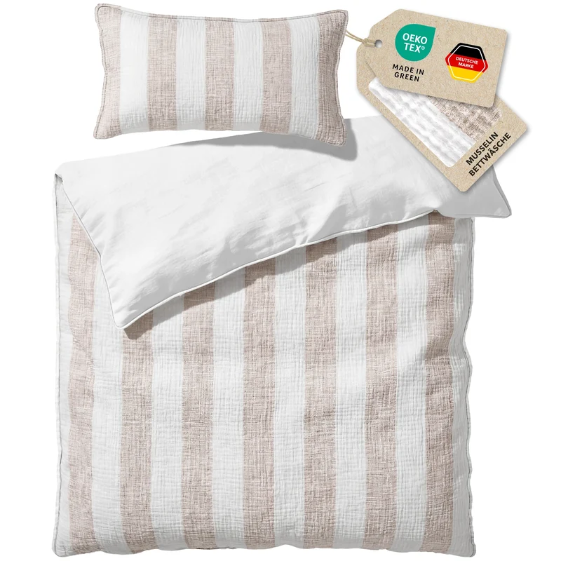 Musselin Bettwäsche - Beige - Gestreift 155x220 40x80 cm