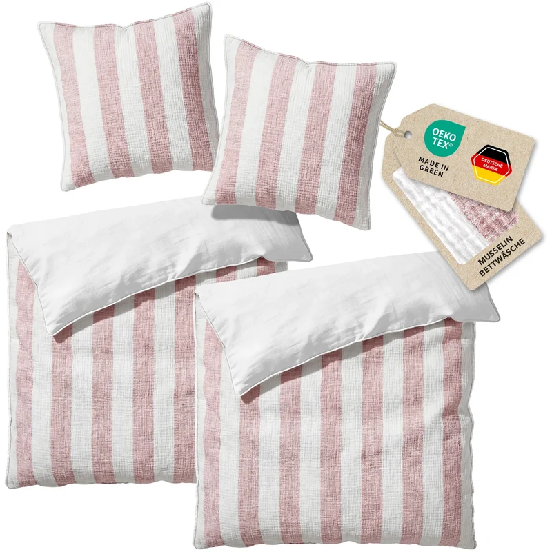 Musselin Bettwäsche - Mauve - Gestreift 2x155x220 80x80 cm