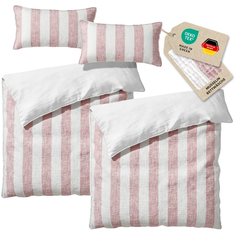 Musselin Bettwäsche - Mauve - Gestreift 2x155x220 40x80 cm