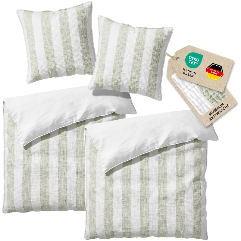 Musselin Bettwäsche - Grün - Gestreift 2x155x220 80x80 cm
