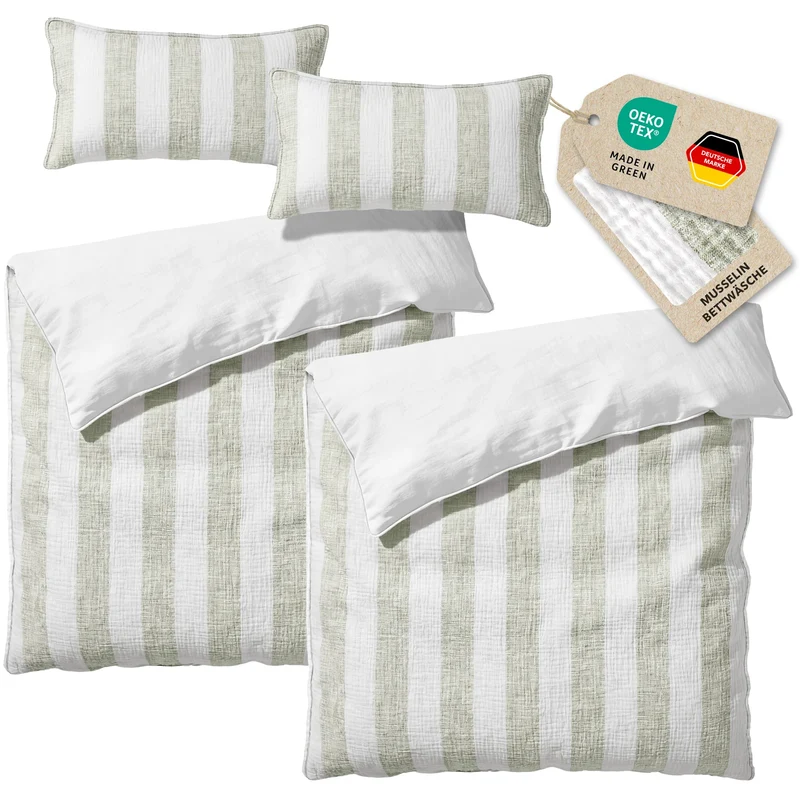 Musselin Bettwäsche - Grün - Gestreift 2x155x220 40x80 cm