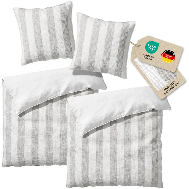 Musselin Bettwäsche - Grau - Gestreift 2x155x220 80x80 cm