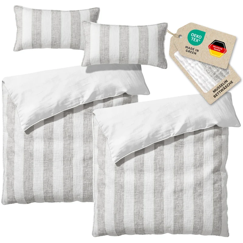 Musselin Bettwäsche - Grau - Gestreift 2x155x220 40x80 cm