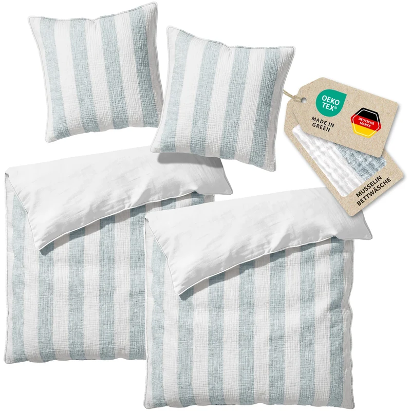 Musselin Bettwäsche - Blau - Gestreift 2x155x220 80x80 cm