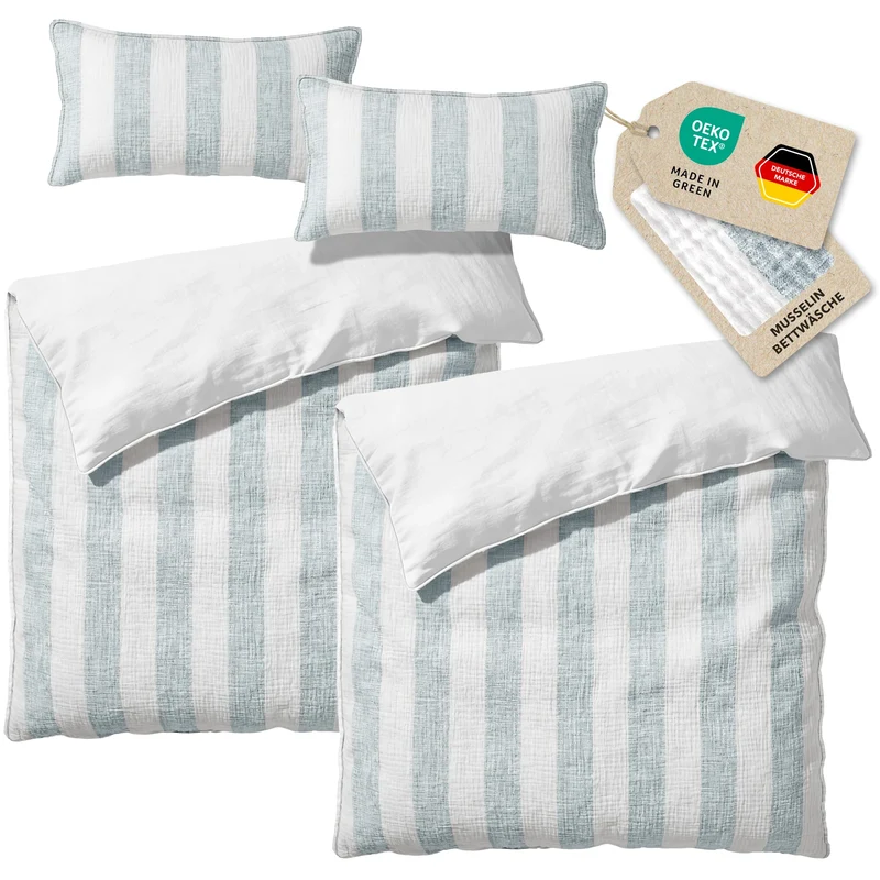Musselin Bettwäsche - Blau - Gestreift 2x155x220 40x80 cm