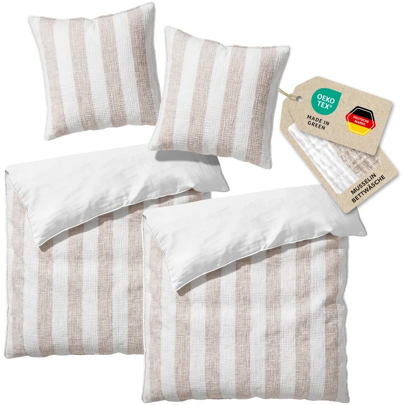 Musselin Bettwäsche - Beige - Gestreift 2x155x220 80x80 cm
