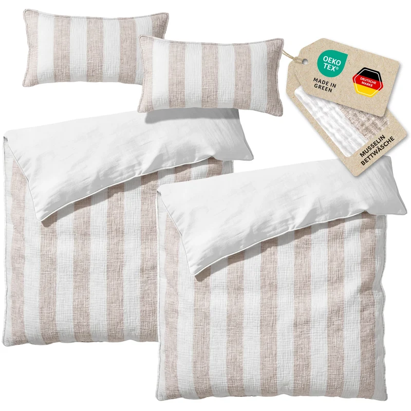 Musselin Bettwäsche - Beige - Gestreift 2x155x220 40x80 cm
