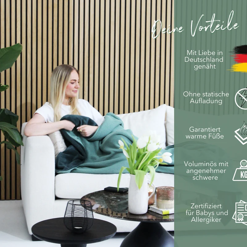 Kuscheldecke mit Baumwollstrick · Seegrün-Smaragdgrün