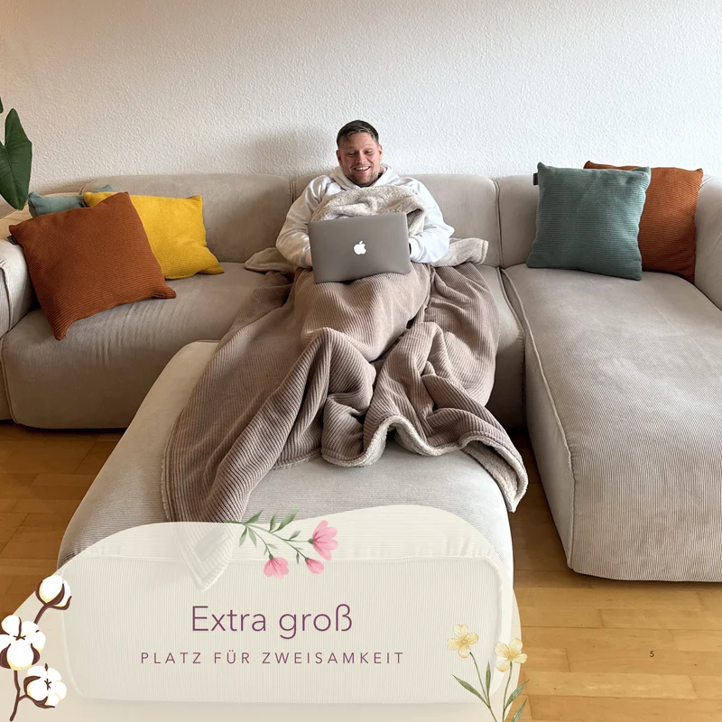 Kuscheldecke mit Baumwollstrick · Mandel-Beige