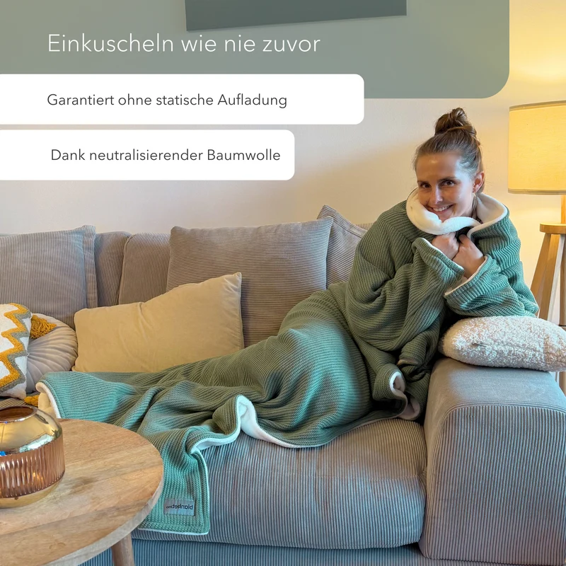 Kuscheldecke mit Ärmeln · Baumwollstrick · Seegrün