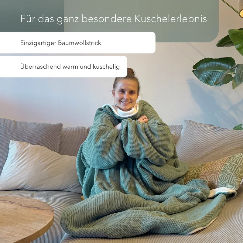 Kuscheldecke mit Ärmeln · Baumwollstrick · Seegrün