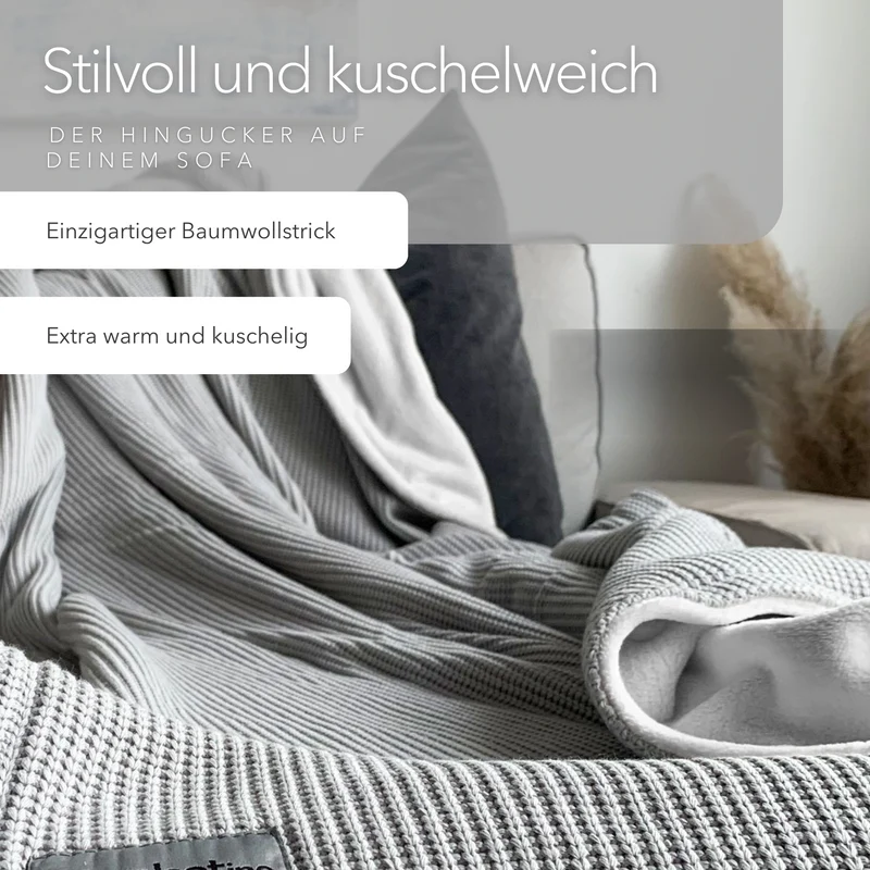 Kuscheldecke mit Baumwollstrick · Grau-Gletschergrau