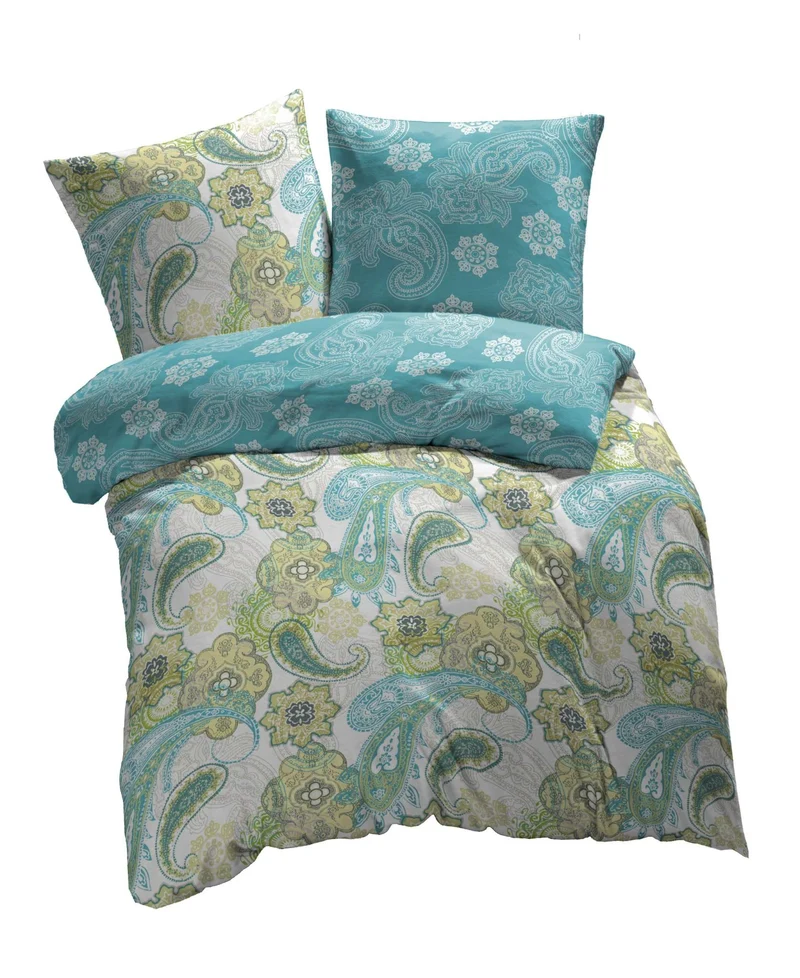 etérea Mako-Satin Baumwoll Bettwäsche Paisley Florina Grün und Grau