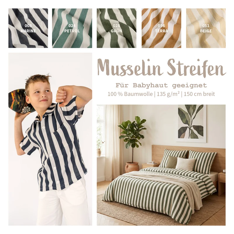 Musselin bedruckt Blockstreifen *Ab 50 cm
