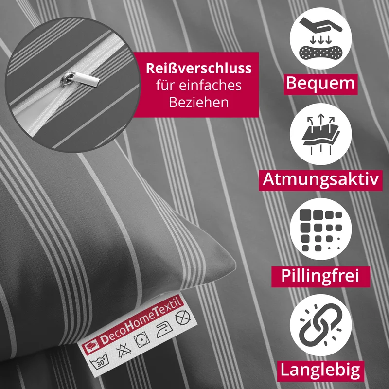 DecoHomeTextil Bettwäsche Set Bettgarnitur mit Reißverschluss Polycotton Jacquard Linien