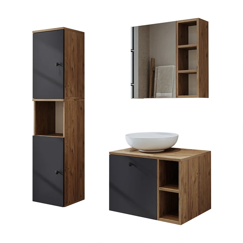 Roomart 4-teiliges Badmöbel-Set LOTUS, 65 cm, mit rundem Aufsatzbecken und Hochschrank, in 3 Farben
