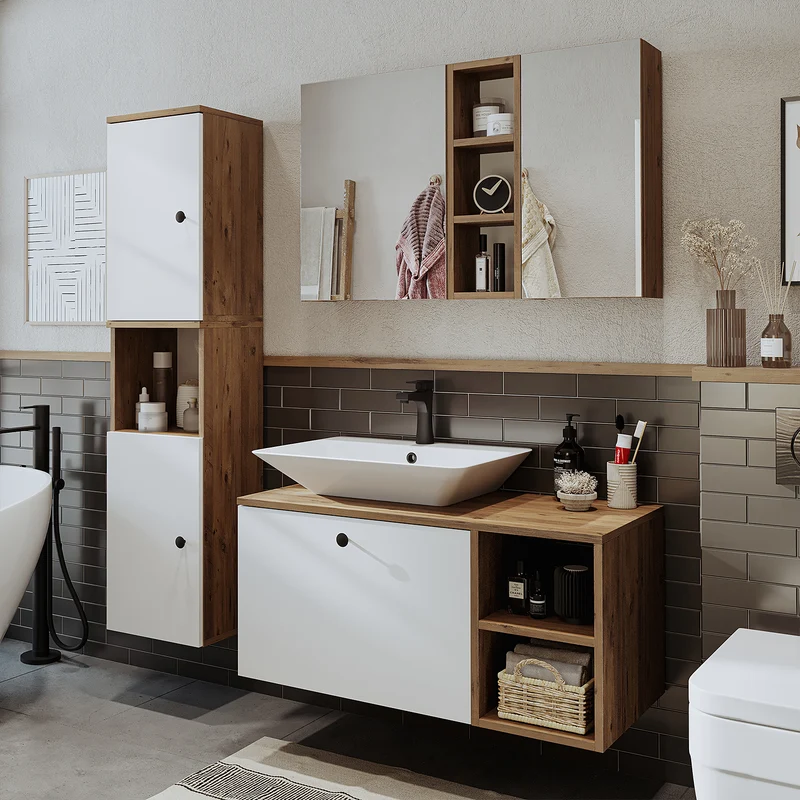 Roomart Badmöbel Set LOTUS 95 cm – 4-teiliges Badezimmermöbel mit Keramik-Waschbecken, Spiegelschrank & Hochschrank – Modernes Design