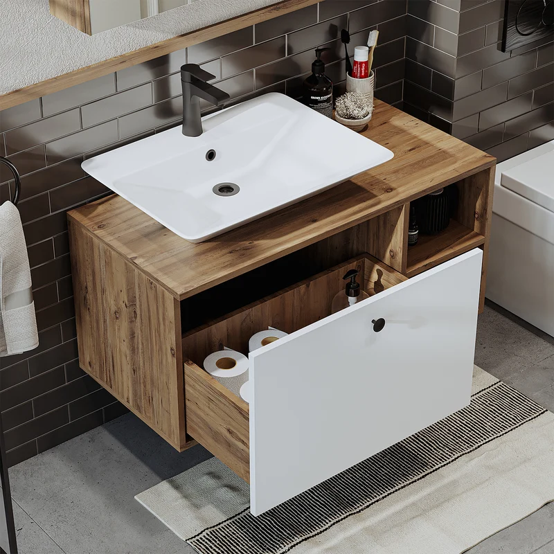 Roomart Badmöbel Set LOTUS 95 cm – 4-teiliges Badezimmermöbel mit Keramik-Waschbecken, Spiegelschrank & Hochschrank – Modernes Design