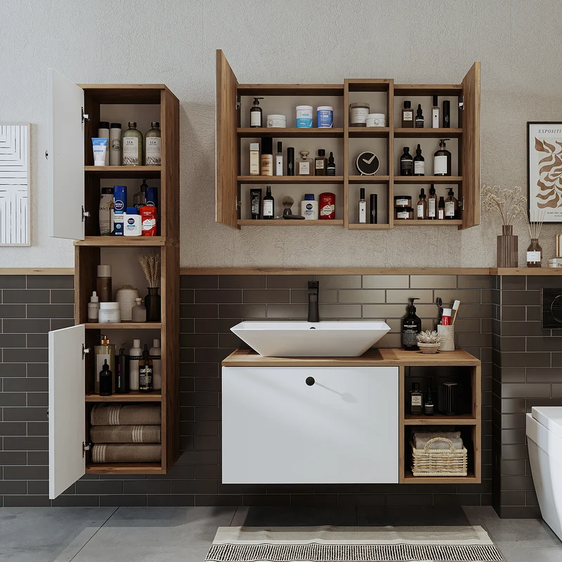 Roomart Badmöbel Set LOTUS 95 cm – 4-teiliges Badezimmermöbel mit Keramik-Waschbecken, Spiegelschrank & Hochschrank – Modernes Design