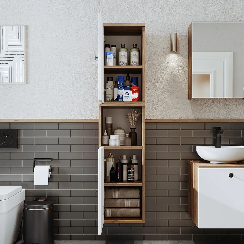 Roomart Badmöbel Set LOTUS 95 cm – 4-teiliges Badezimmermöbel mit Keramik-Waschbecken, Spiegelschrank & Hochschrank – Modernes Design