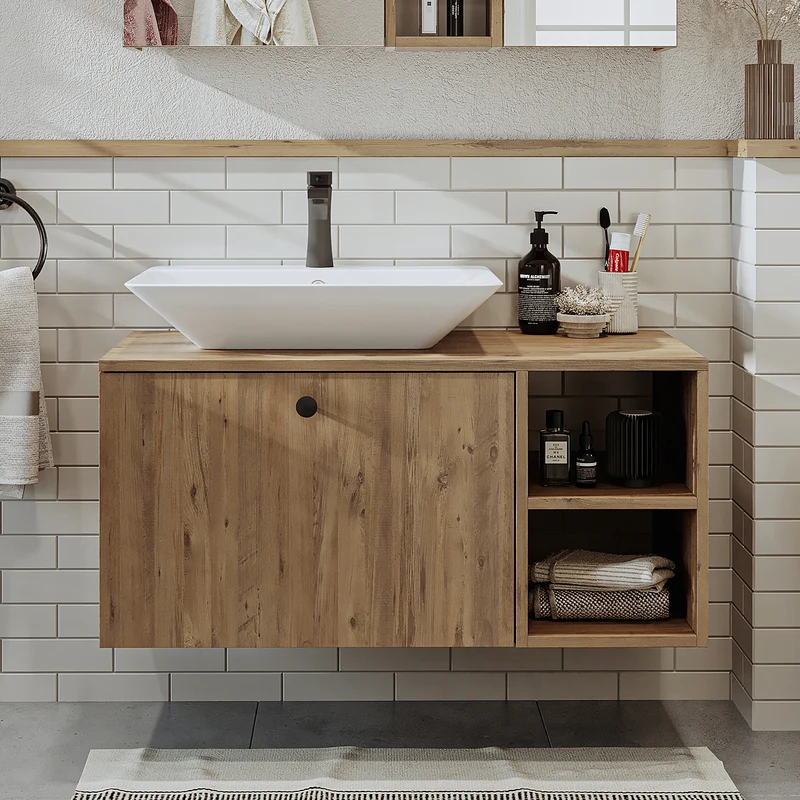 Roomart Badmöbel Set LOTUS 95 cm – 4-teiliges Badezimmermöbel mit Keramik-Waschbecken, Spiegelschrank & Hochschrank – Modernes Design