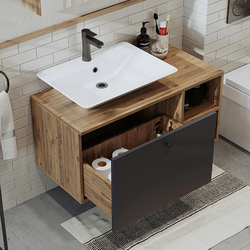 Roomart Badmöbel Set LOTUS 95 cm – 4-teiliges Badezimmermöbel mit Keramik-Waschbecken, Spiegelschrank & Hochschrank – Modernes Design
