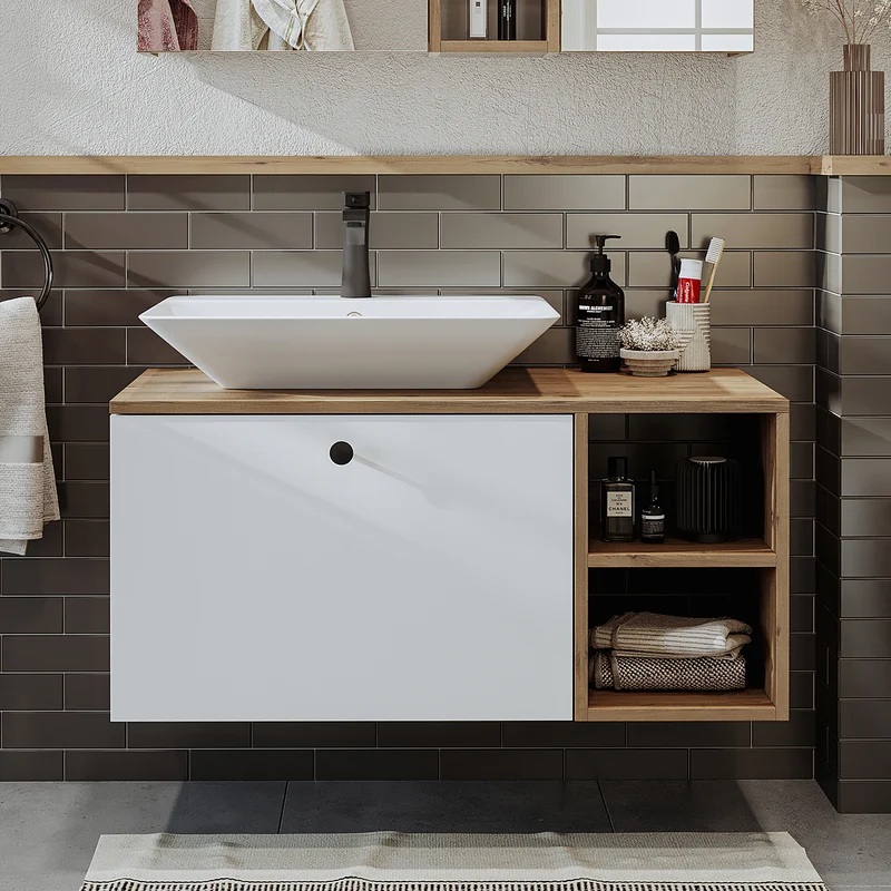 Roomart Badmöbel Set LOTUS 95 cm – 4-teiliges Badezimmermöbel mit Keramik-Waschbecken, Spiegelschrank & Hochschrank – Modernes Design