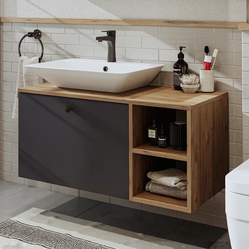 Roomart Badmöbel Set LOTUS 95 cm – 4-teiliges Badezimmermöbel mit Keramik-Waschbecken, Spiegelschrank & Hochschrank – Modernes Design