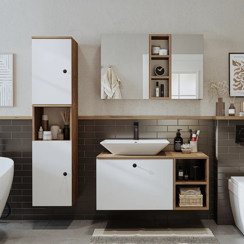 Roomart Badmöbel Set LOTUS 95 cm – 4-teiliges Badezimmermöbel mit Keramik-Waschbecken, Spiegelschrank & Hochschrank – Modernes Design
