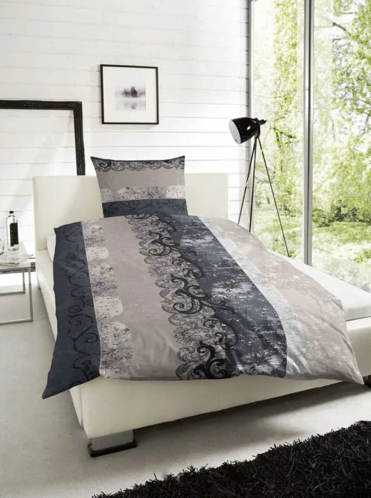 Hahn Edelflanell Bettwäsche Ornamente Grau Schwarz