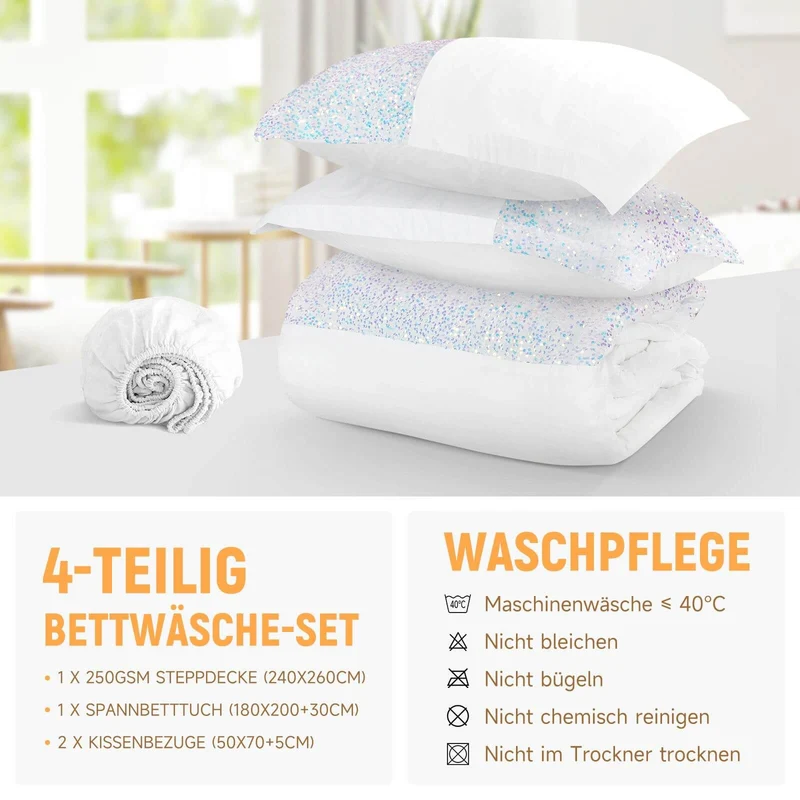 Bettwäsche Set 180x200 cm, 4-teilig, inklusive Steppdecke 240x260 cm und 2 Kissenbezügen 50x70 cm