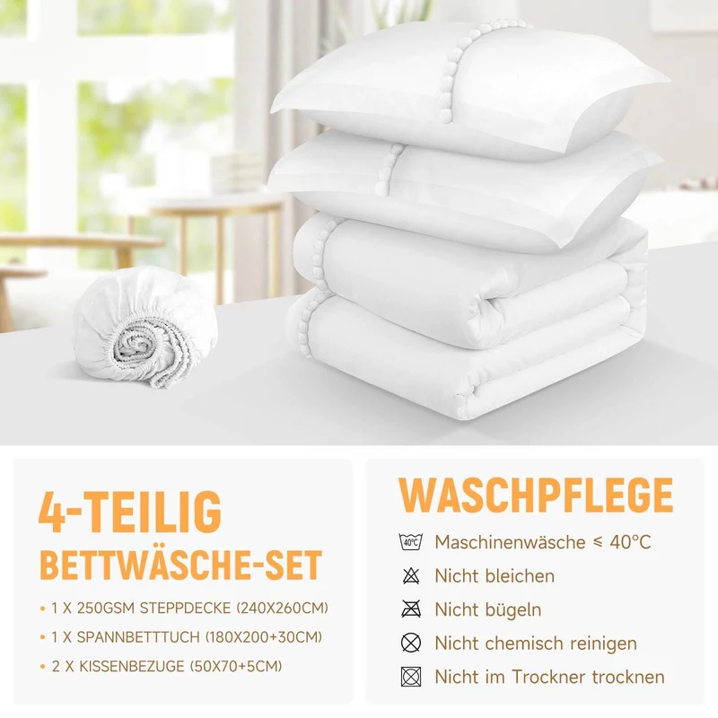 Bettwäsche Set 180x200 cm, 4-teilig, inklusive Steppdecke 240x260 cm und 2 Kissenbezügen 50x70 cm