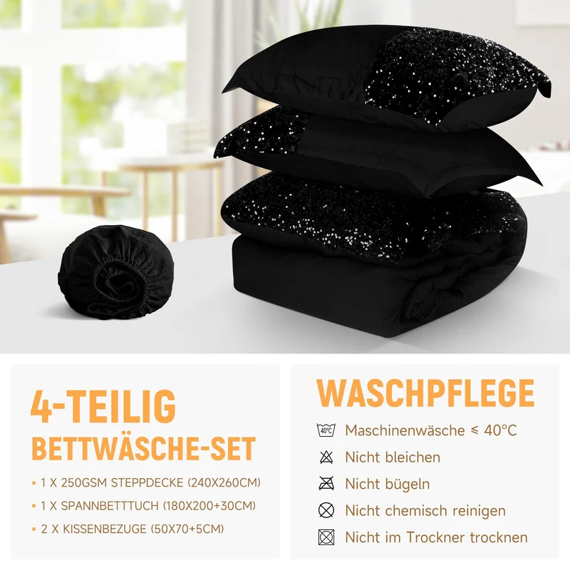 Bettwäsche Set 180x200 cm, 4-teilig, inklusive Steppdecke 240x260 cm und 2 Kissenbezügen 50x70 cm