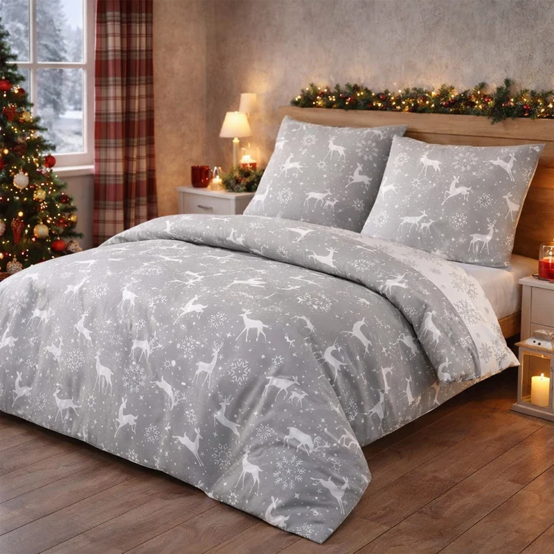Biber Bettwäsche Set "Navidad", Rentier, Winter, 100% Baumwolle, Reißverschluss