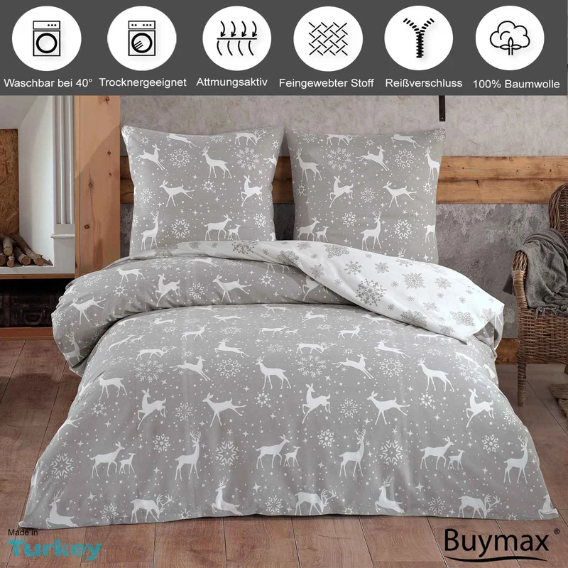 Biber Bettwäsche Set "Navidad", Rentier, Winter, 100% Baumwolle, Reißverschluss