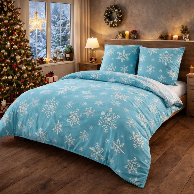 Biber Bettwäsche Set "Snowy", Schneeflocken, 100% Baumwolle, Reißverschluss, 80x80 cm Kissenbezug